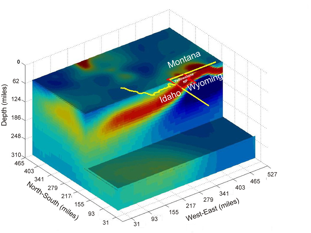 variations in electrical conductivity of underground rock shows the volcanic plume of partly molten rock that feeds the Yellowstone supervolcano